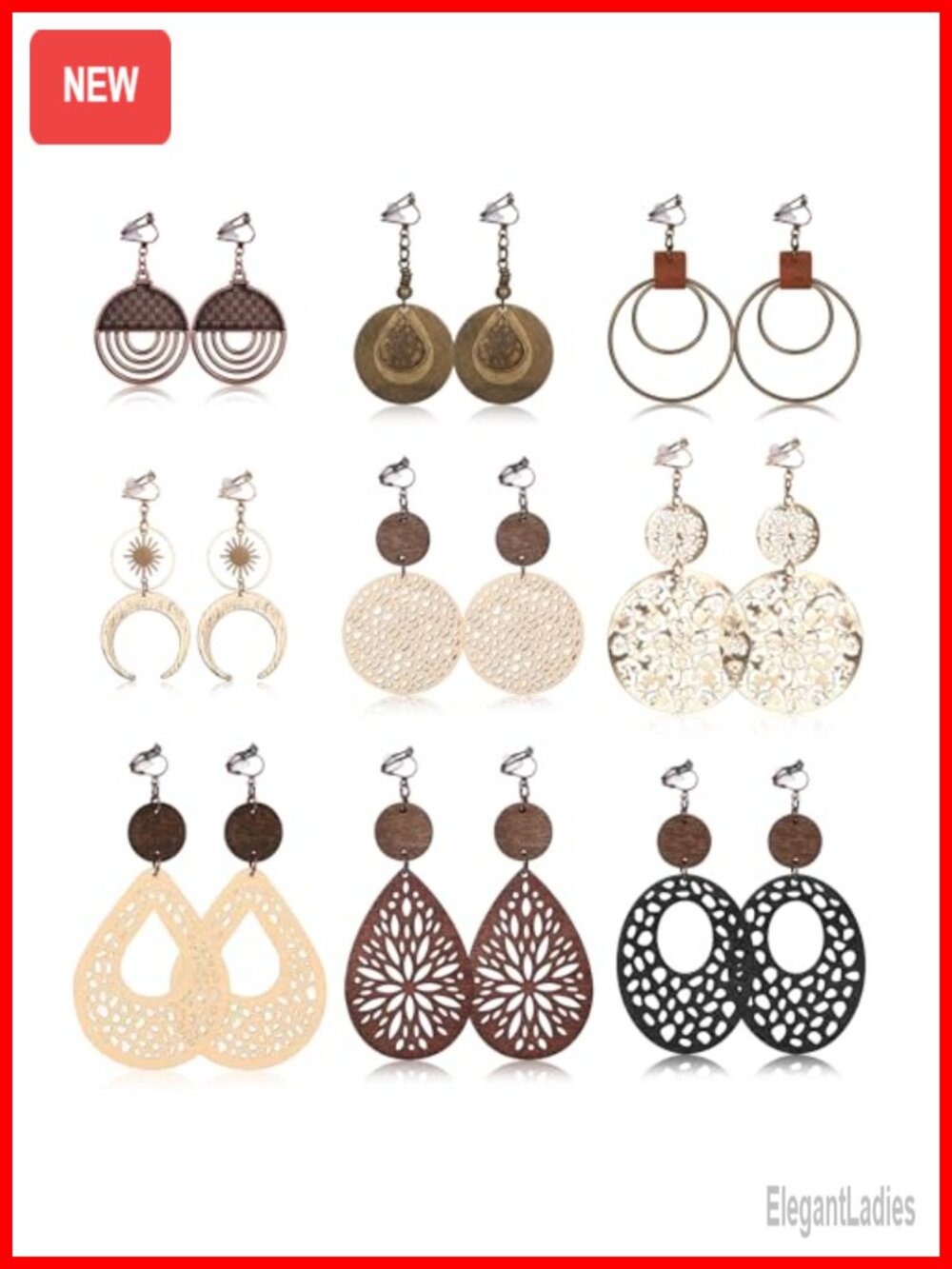 Clip On Dangle Earrings for Women Boho 9 Piece Set Lightweight Copper